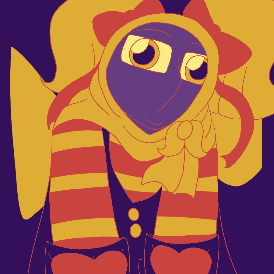 The artist's Undertale original character, a child of average size with medium-toned skin who wears a hijab styled in pigtails with ribbons, a long-sleeved striped shirt, and overalls with buttons and hearts on the pockets smiling and leaning forward to stare at the viewer. The piece is done in a purple, yellow, and red color palette, and the background has lineless drawings of a knife and a ribbon in the background.