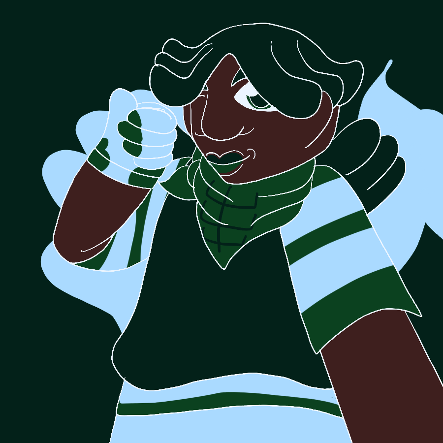 The artist's Undertale original character, a child of average size with dark-toned skin and short, rounded hair who wears a bandanna, stained gloves, a tank top over a short-sleeved striped shirt, and shorts smiling and winking as he gives the viewer a thumbs up. The piece is done in a brown, green, and light cyan color palette, and the background has lineless drawings of a glove and a bandanna in the background.