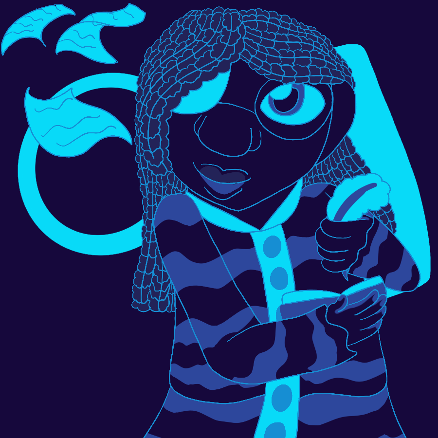 The artist's Undertale original character, a thin child with dark-toned skin and long box braids who wears coke-bottle glasses and a colored, long-sleeved striped dress with buttons running down the middle, smiling and looking up to stare at pages flying from a book she writes in with a feather pen. The piece is done in a blue color palette, and the background has lineless drawings of glasses and a notebook in the background.