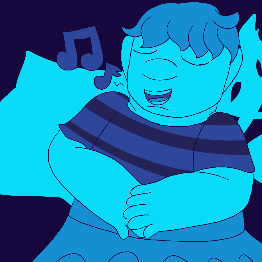 The artist's Undertale original character, a fat child with pale skin and short hair who wears a short-sleeved striped shirt and a tutu smiling and singing with hands on his belly. The piece is done in a blue color palette, and the background has lineless drawings of a tutu and ballet shoes in the background.