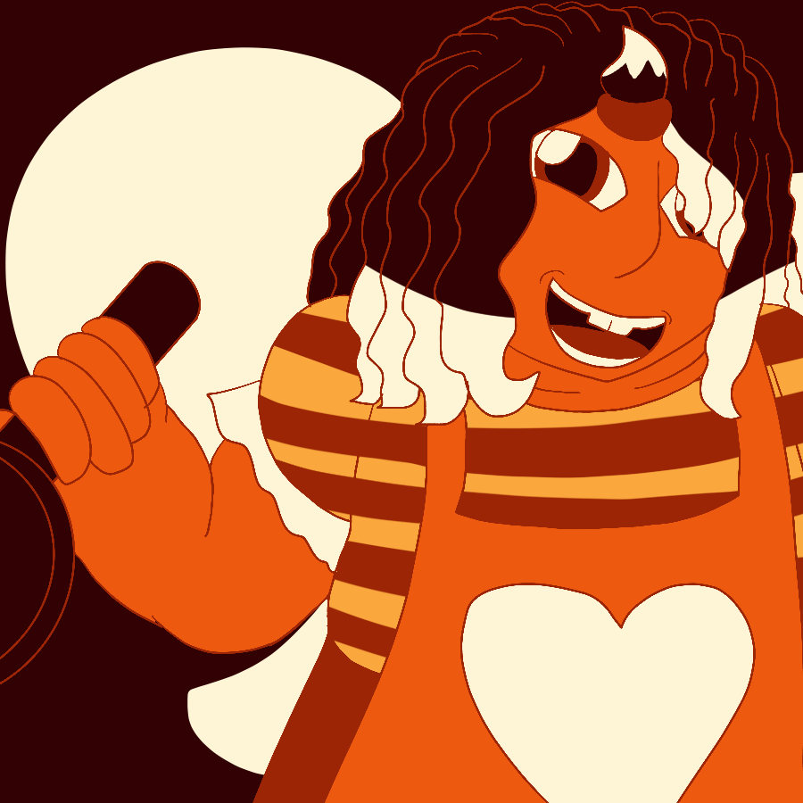 The artist's Undertale original character, a child of average size with pale skin and long, wavy dark hair with light tips that has a singular small bang held up in the front, who wears an apron with a heart on it over a striped shirt with short, puffy and frilled sleeves and a skirt, smiling and holding a frying pan. The piece is done in a brown, orange, red, and yellow color palette, and the background has lineless drawings of a frying pan and an apron in the background.