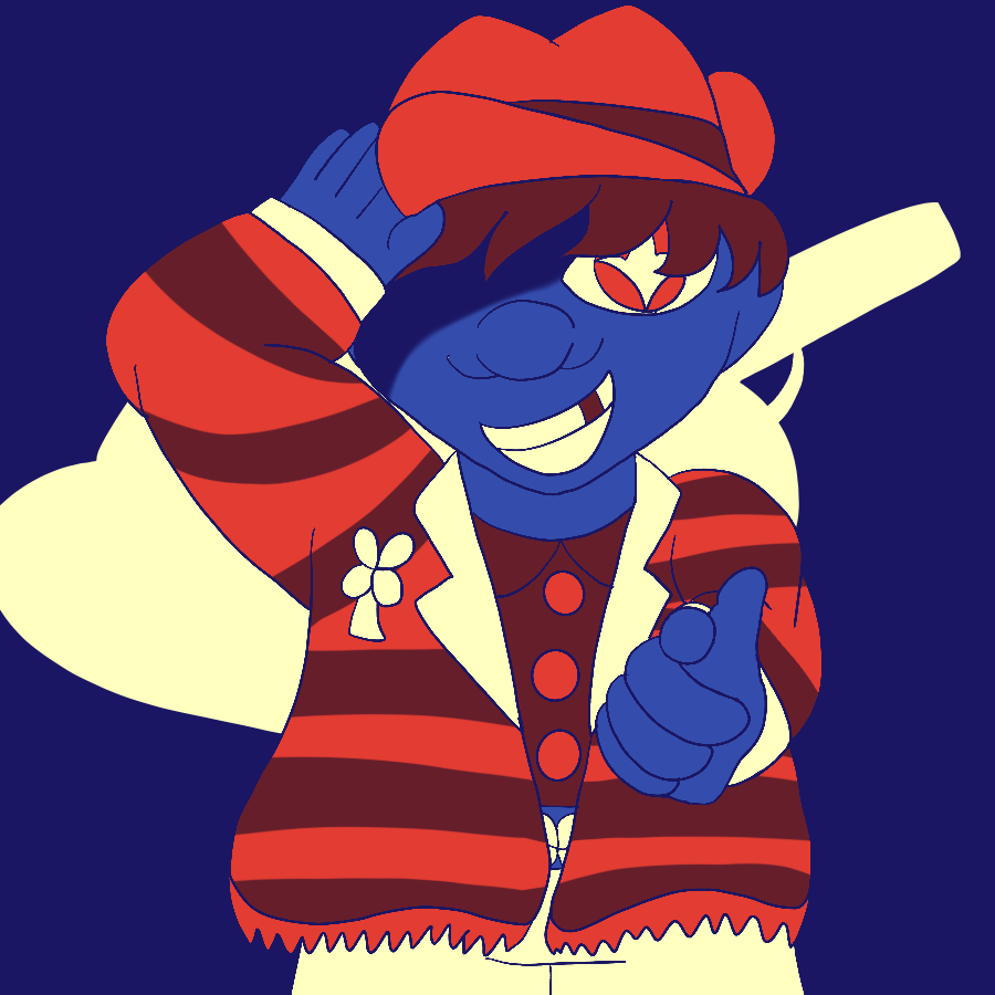 The artist's Undertale original character, a thin and small child with medium-toned skin and short hair who wears a cowboy hat, a striped jacket with a four-leaf clover patch and tattered fringe over a collared shirt, a belt with a four-leaf clover on the buckle, and pants smiling and lifting up their hat to shade their eye as they point towards the viewer with a save point in their visible eye. The piece is done in a blue, yellow, and red color palette, and the background has lineless drawings of a gun and a cowboy hat in the background.