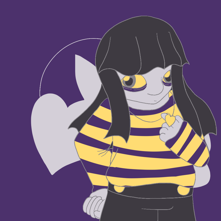 Chara from Undertale looking aside with a neutral expression as they fiddle with their locket. The piece is done in a gray, purple, and yellow color palette, and the background has lineless drawings of a knife and a heart-shaped locket in the background.