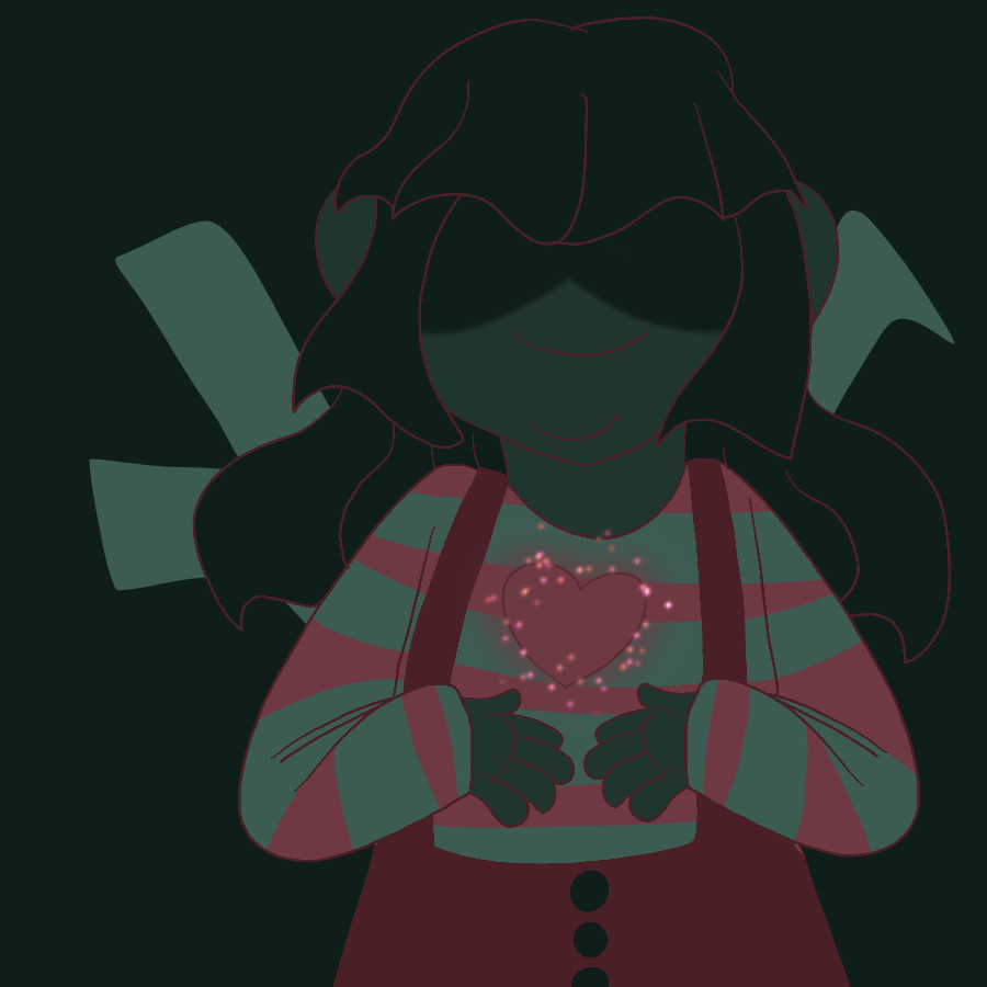 Frisk from Undertale smiling as their sparkling soul hovers above their hands. The piece is done in a green and red color palette, and the background has lineless drawings of a stick and a bandage in the background.