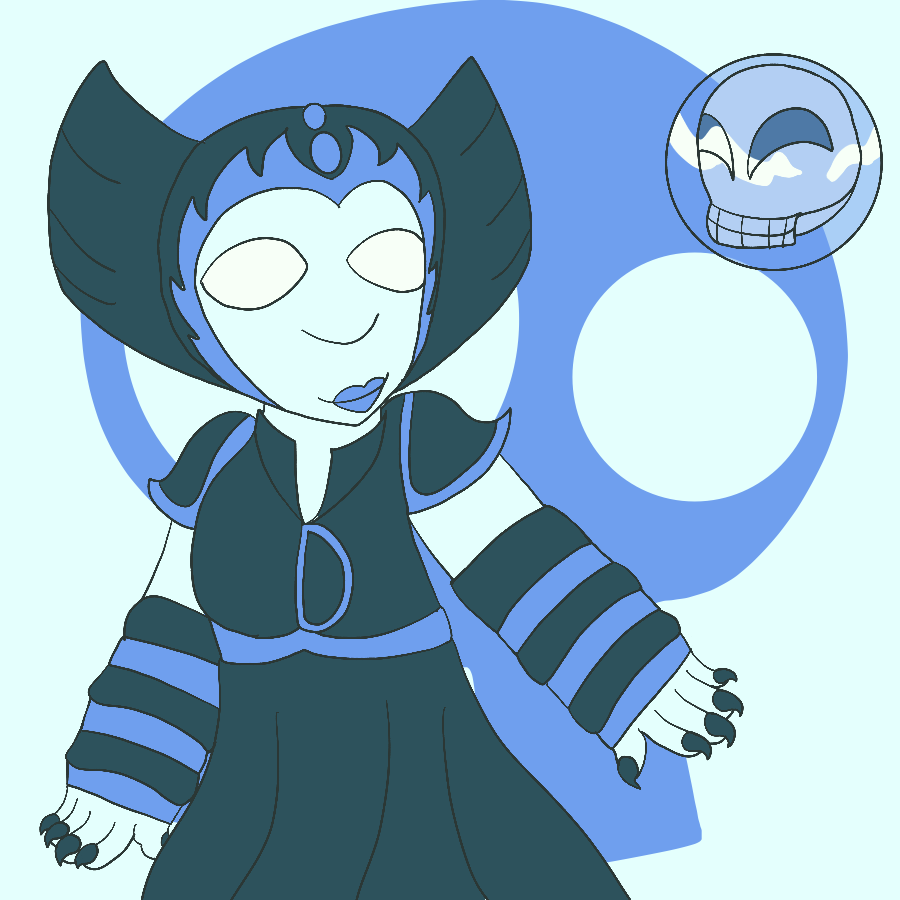 Hex from Skylanders smiling and looking at Skull from Skylanders Academy as they both stand against a background with a large Undead Element symbol on it. The drawing is done in shades of blue and white.