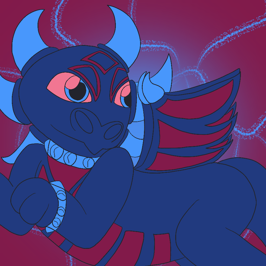 Skylanders Cynder smiling and flying against a background covered in lightning bolts. The drawing is done in shades of blue and magenta.