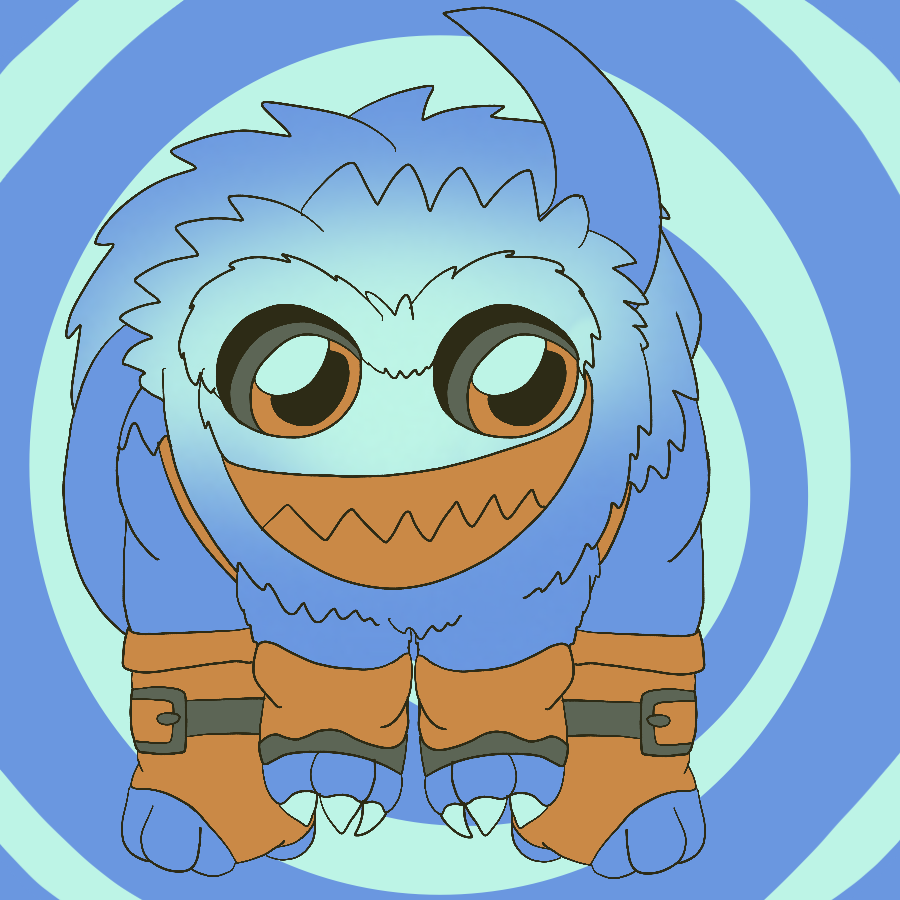 Pop Fizz from Skylanders in his beast form, grinning wildly as he stands on his fists against a spiral-pattern background. The drawing is done in shades of blue, full green and brown.