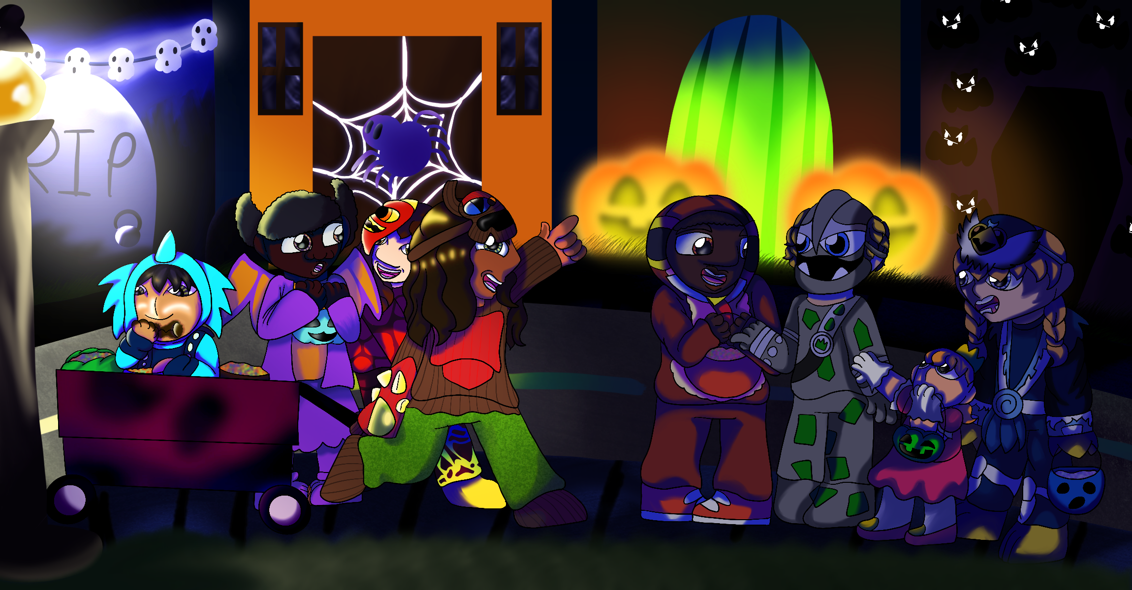 The Ring of Heroes portal masters, as well as George's younger sister and the artist's Skylanders Ring of Heroes original character, as children trick-or-treating on Halloween night. They are all wearing Halloween costumes of various Skylanders, save for George's sister who is dressed as a princess instead.