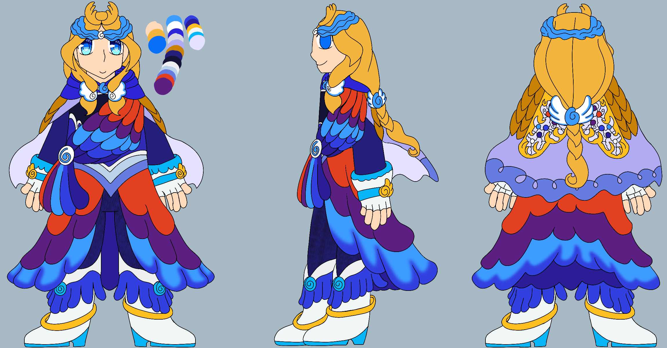 A turnaround of an Awakened Form for Eugenie from Skylanders Ring of Heroes themed around valkyries and angels. It is shown from the front, side, and back, and the front-facing portion has a color palette next to it.