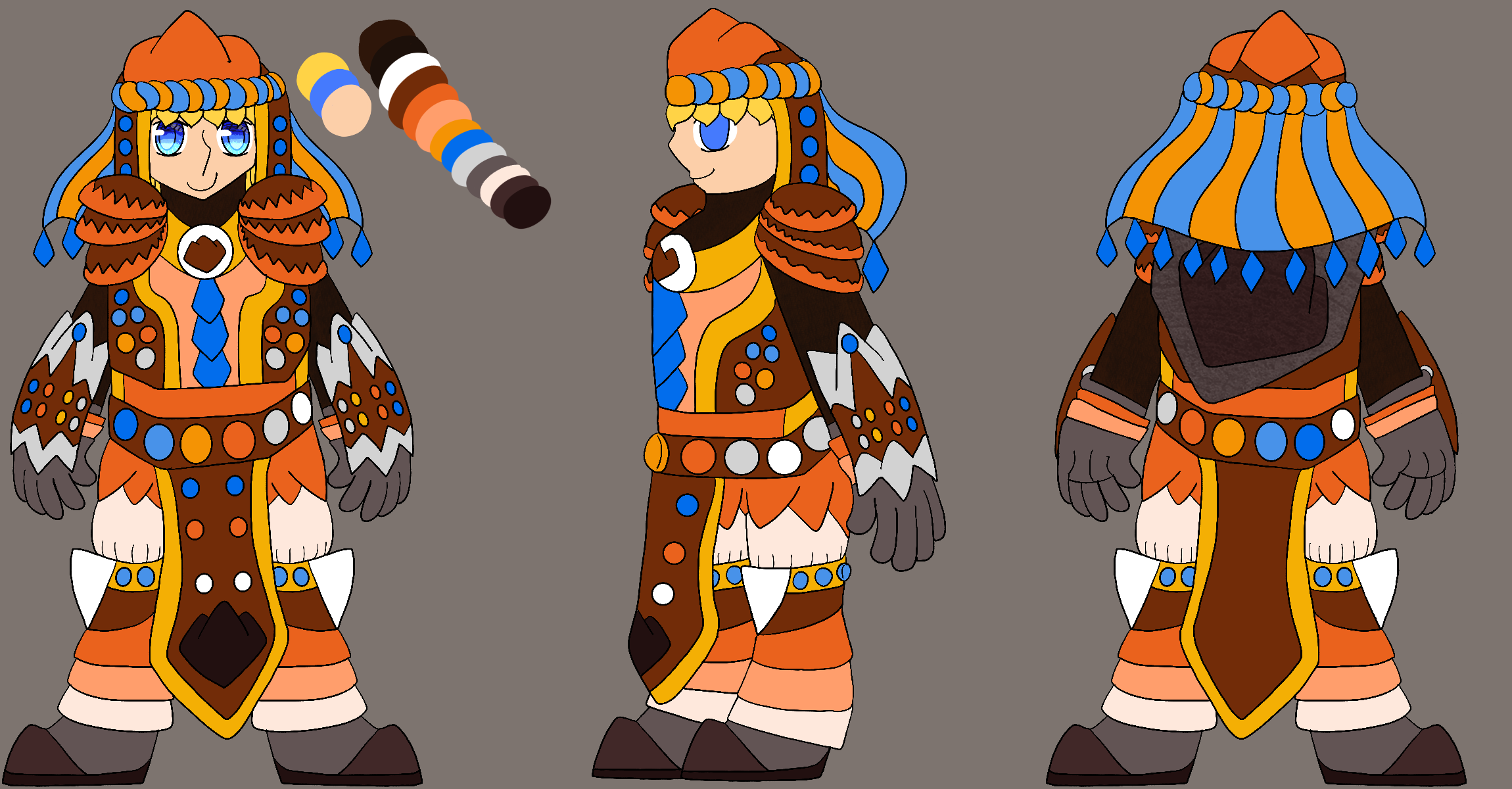 A turnaround of an Awakened Form for George from Skylanders Ring of Heroes themed around knights and paladins. It is shown from the front, side, and back, and the front-facing portion has a color palette next to it.