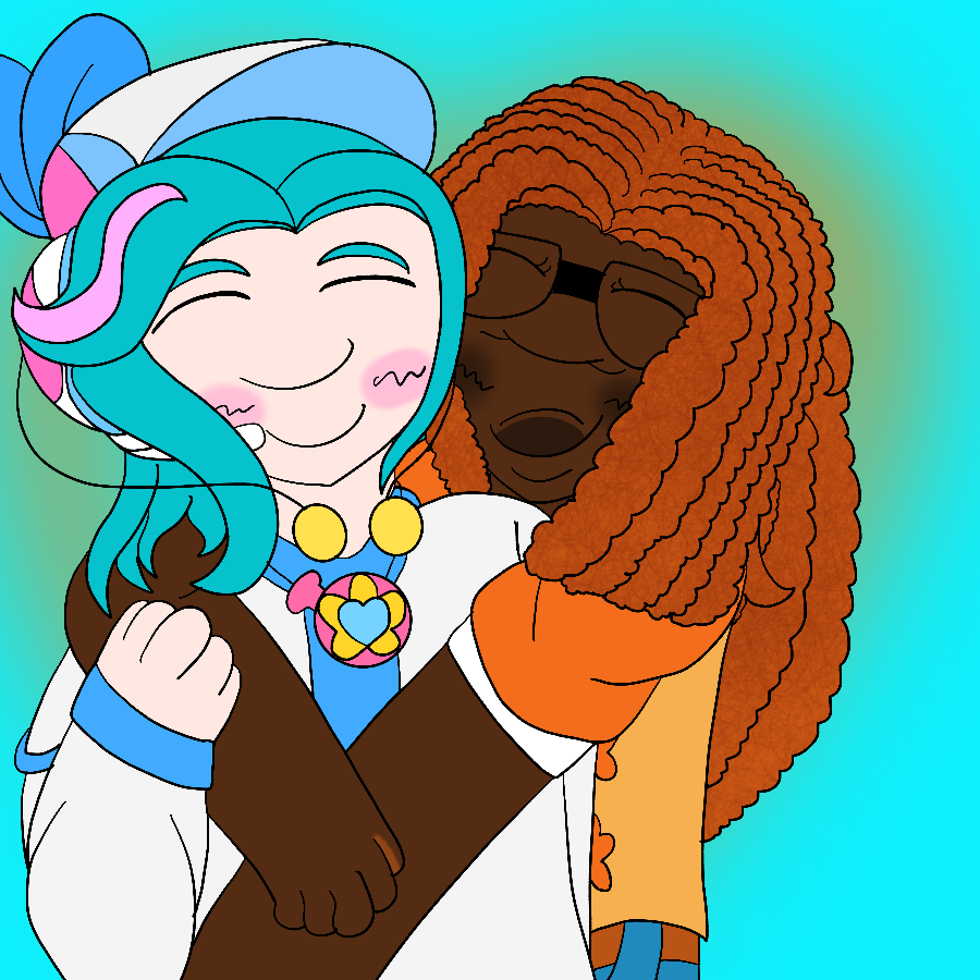 Lolo from Star Twinkle Precure, who is depicted here as slightly older with a new outfit to match, smiling as the artist's Star Twinkle Precure fan character, a thin girl with dark brown skin and long orange locs kept in a long ponytail who wears a vest with flower-shaped buttons over a short-sleeved shirt and jeans, smiles and hugs him. The two are blushing, and they stand in front of a gradient background in their colors.