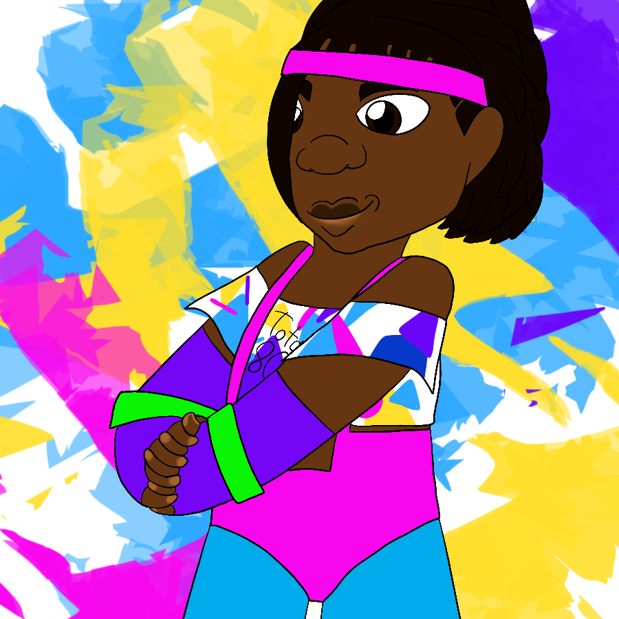 Martha Jones from Doctor Who dressed in a colorful, 80s-style aerobics costume and stretching against a colorful abstract background.