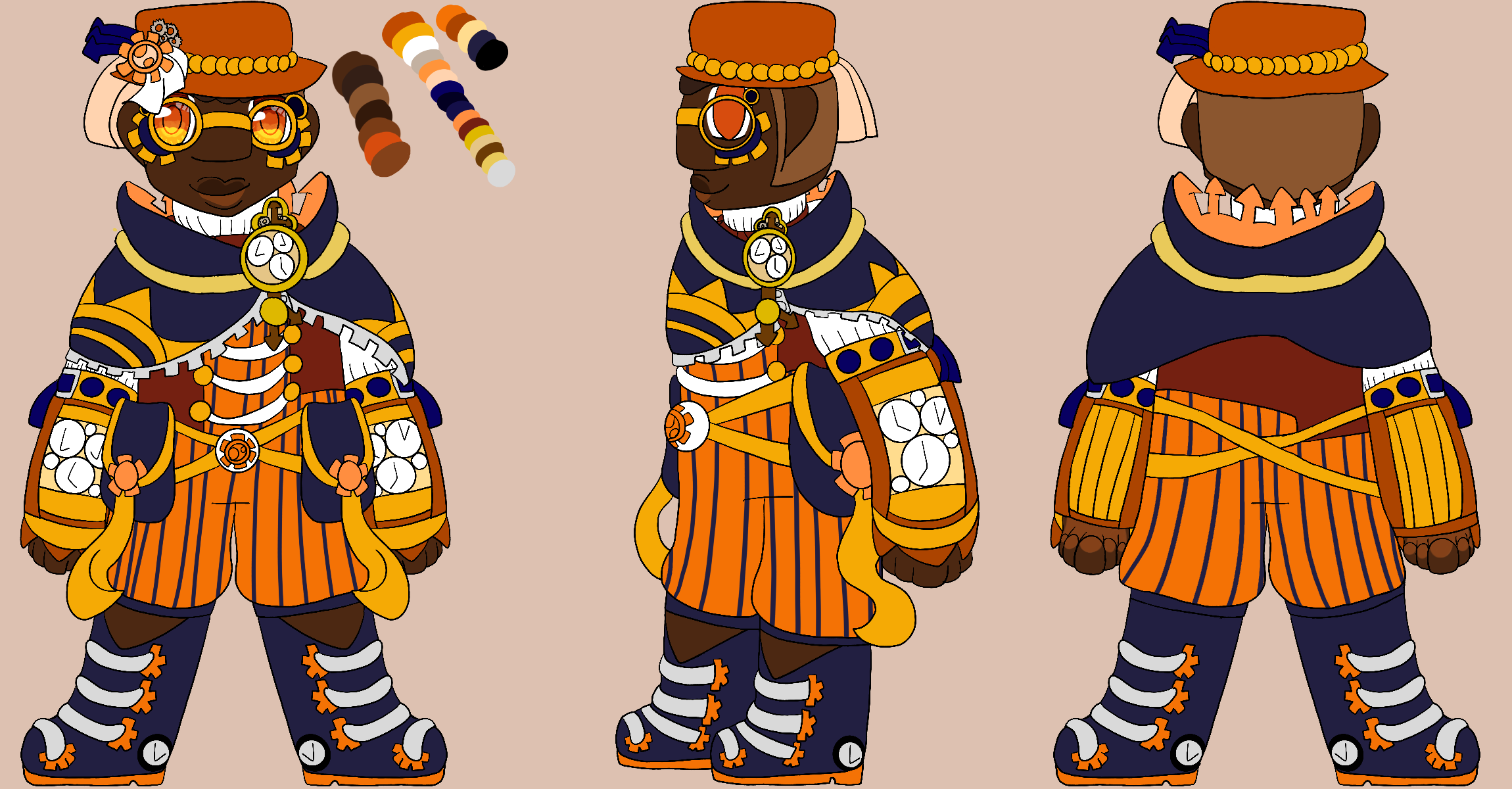 A turnaround of an Awakened Form for Bruno from Skylanders Ring of Heroes themed around steampunk. It is shown from the front, side, and back, and the front-facing portion has a color palette next to it.