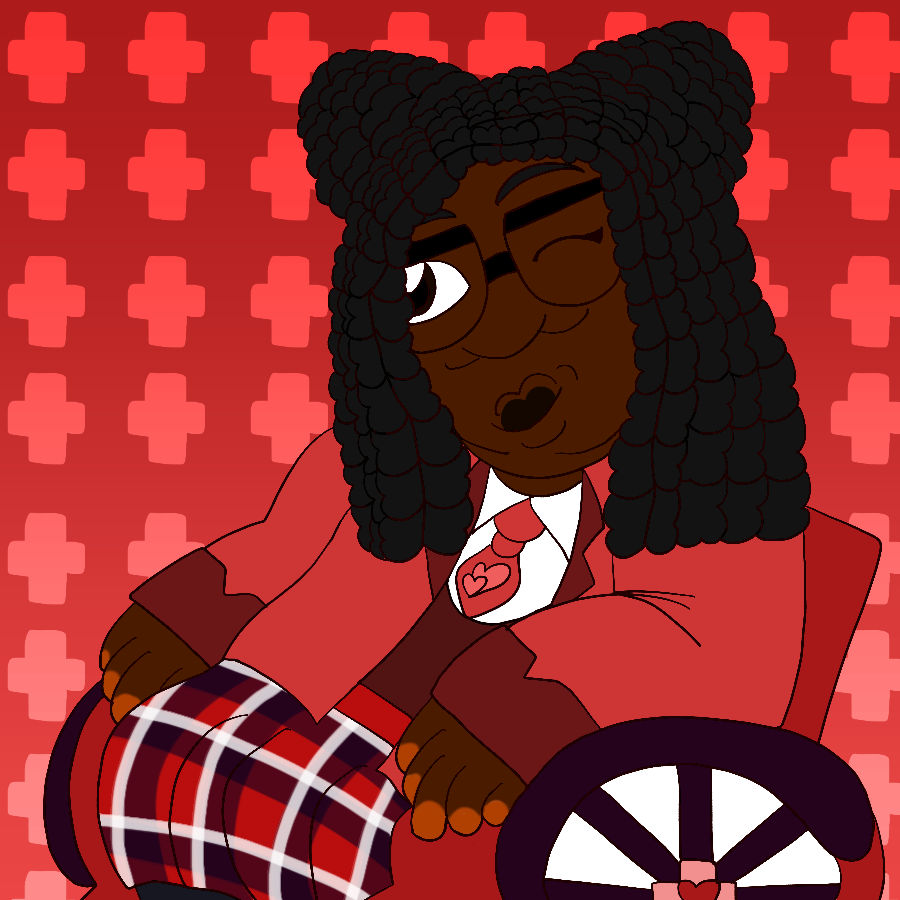 The artist's Precure original character, a fat girl with brown skin, long black hair kept in locs and triangular hairbuns, an brown eyes who wears glasses and a red and whtie school uniform, smiles and winks while sitting in a wheelchair. She stands against a red gradient background covered in plus signs.