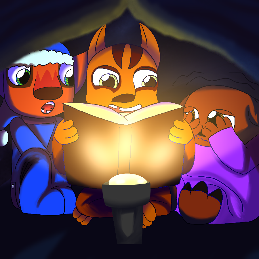 Flynn, Cali, and Hugo from Skylanders as children in pajamas, sitting inside a blanket fort at night with an upturned flashlight as their sole light. Cali eagerly reads from a book while Flynn watches in awe and a scared Hugo covers his eyes with his hands.