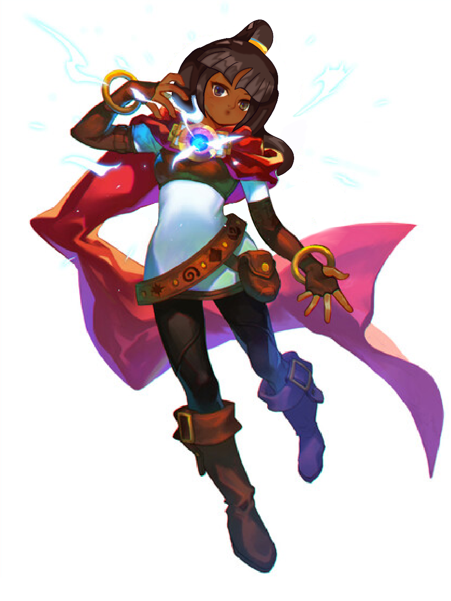 An edit of Eugenie from Skylanders Ring of Heroes' key art that gives her brown skin, dark brown eyes, and dark brown hair kept in a high-rise ponytail.