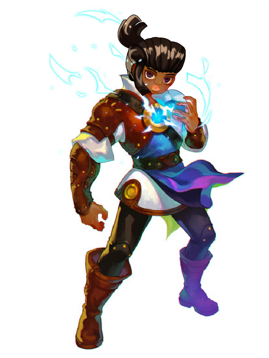 An edit of George from Skylanders Ring of Heroes' key art that gives him brown skin, a larger nose, dark brown locs kept in a loc ponytail, and purple eyes.