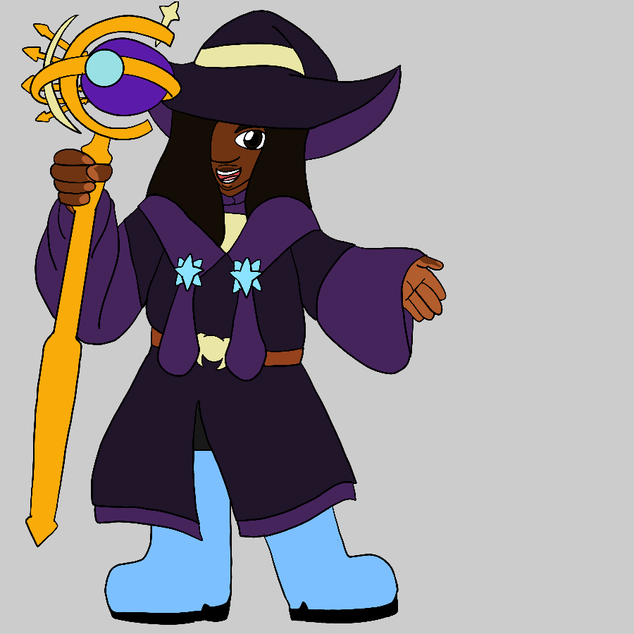 The artist's fan interpretation of Nine, the scrapped portal master from Skylanders Ring of Heroes. They are depicted with brown skin, a large nose, full lips, and short deep brown hair. Their outfit and staff are colored in shades of purple, yellow, gold, brown, and blue.