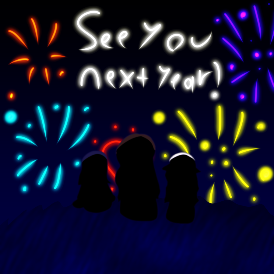 A lineless drawing depicting silhouettes of the artist and two of her original characters sitting on a hill at night and watching fireworks. Above them, see you next year! is written in glowing text.