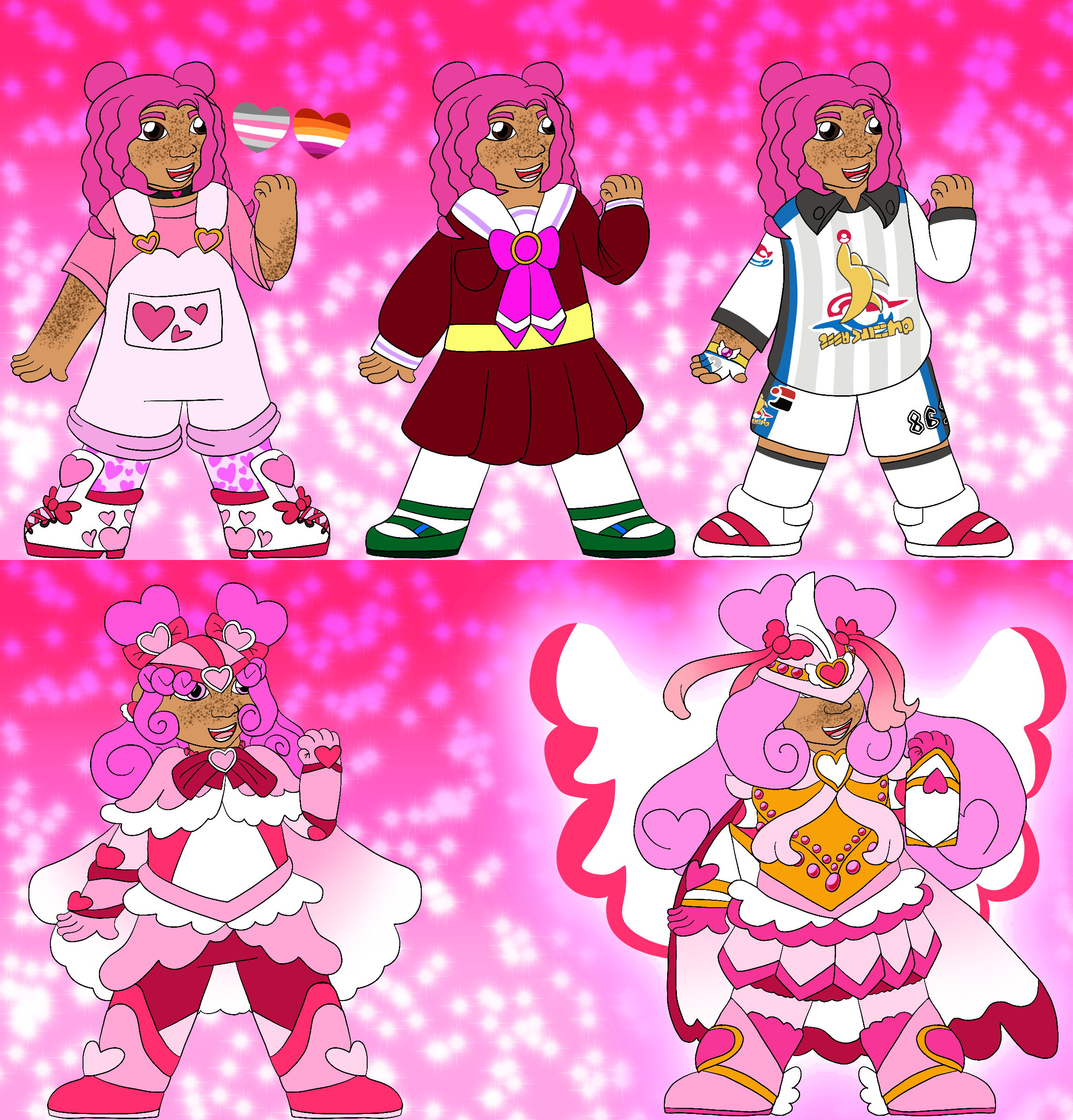 A reference sheet for the artist's Pokemon fan character, a thin girl with tanned skin covered in freckles, bright pink hair kept in small hair buns and waves sides and back, and red eyes. She is shown with five different outfits, she stands in front of a sparkly pink gradient background, and beside her first design are hearts in the colors of the demigirl and lesbian pride flags.