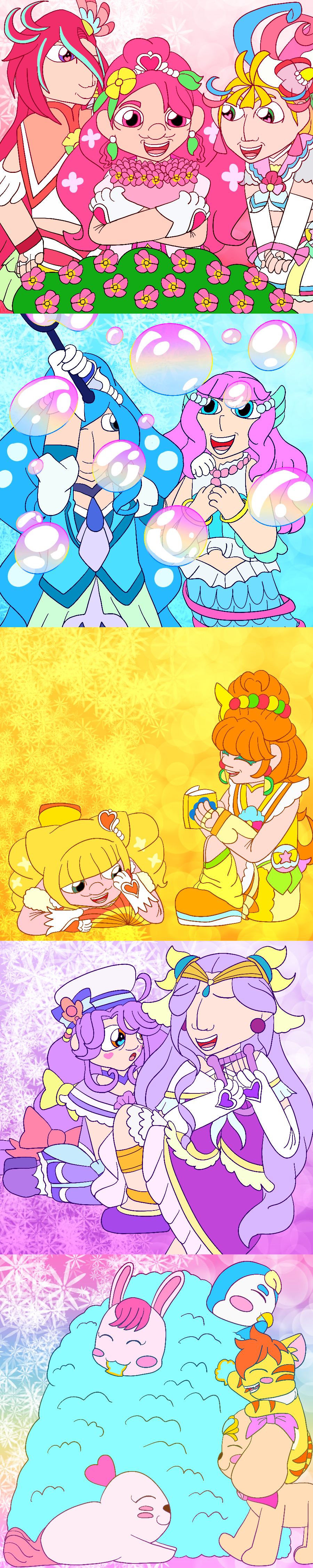 Drawings of the Cures and Fairies from Healin' Good Precure and Tropical Rouge Precure placed against gradient backgrounds covered in flowers and bubbles. The pieces are, in order: Cures Flamingo, Grace, and Summer admiring plumeria bushes while Grace holds a plumeria bouquet; Laura La Mer smiling as Cure Fontaine blows large bubbles with a bubble wand; Cures Sparkle and Papaya reading together; Cure Coral watching in awe as Cure Earth sings; and Kururun and Latte happily watching as Rabirin, Pegitan, and Nyatoran sit inside and eat through a massive pile of seashell cookies.