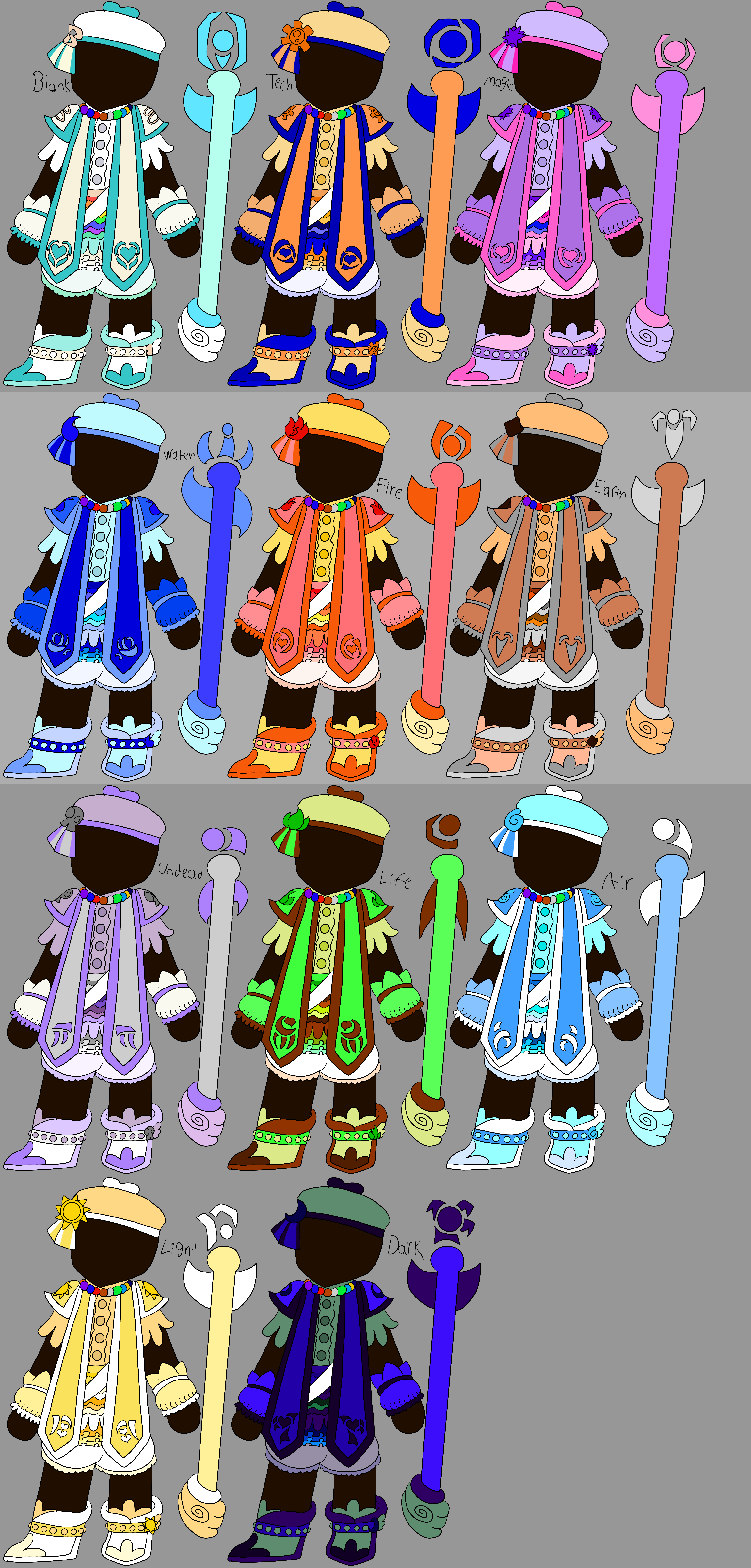 Various references for different variations of Molly's outfit, featuring her original attire and versions based on all ten of Skylanders' elements. In each one, the color scheme changes to the colors of that element, the element symbols on her attire change to that element's symbol, and the runes on her attire take a different shape.