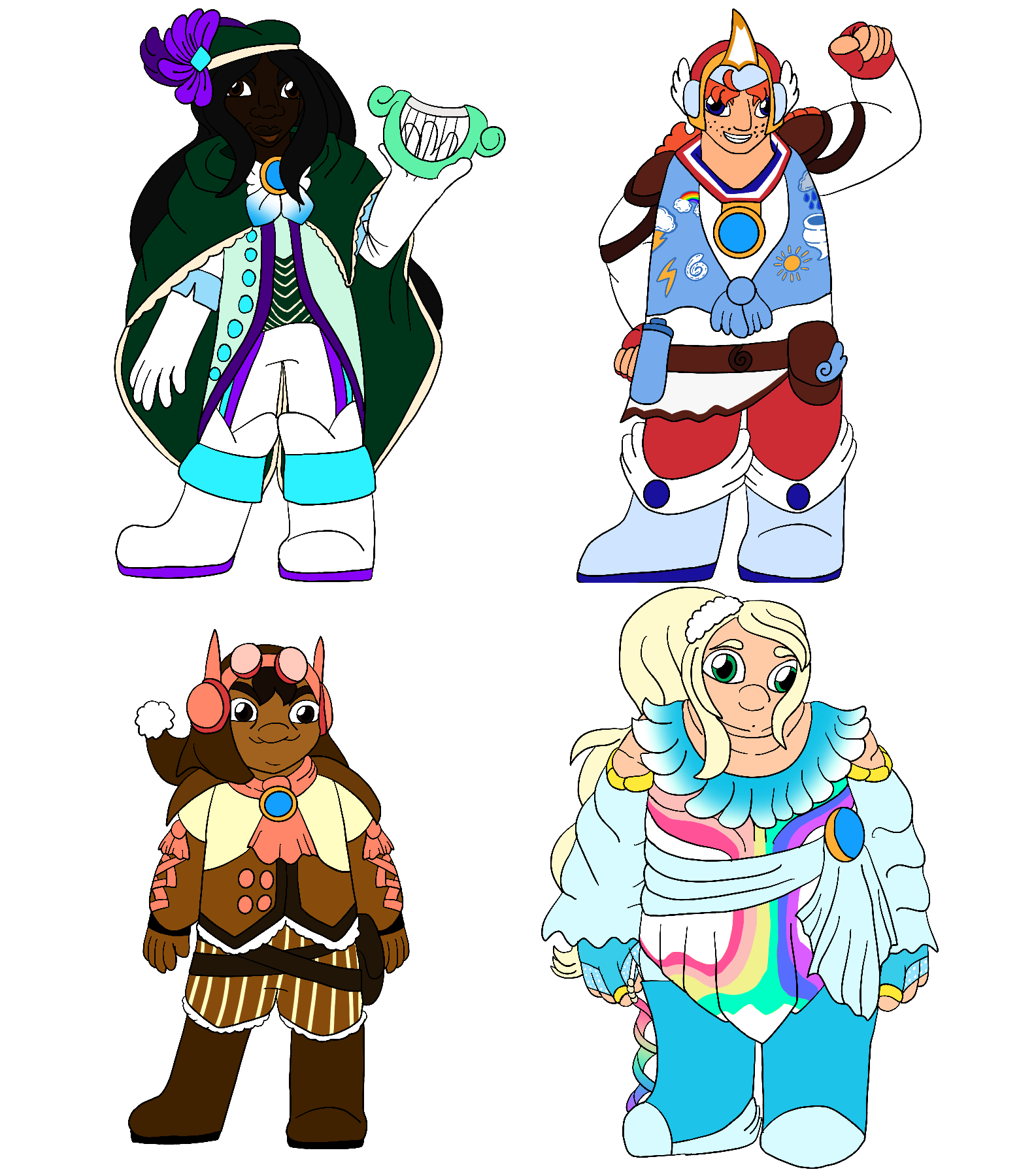 Four Air Element portal master original characters for Skylanders Ring of Heroes standing. They are themed around a bard, an athlete, a pilot, and a gymnast in order.