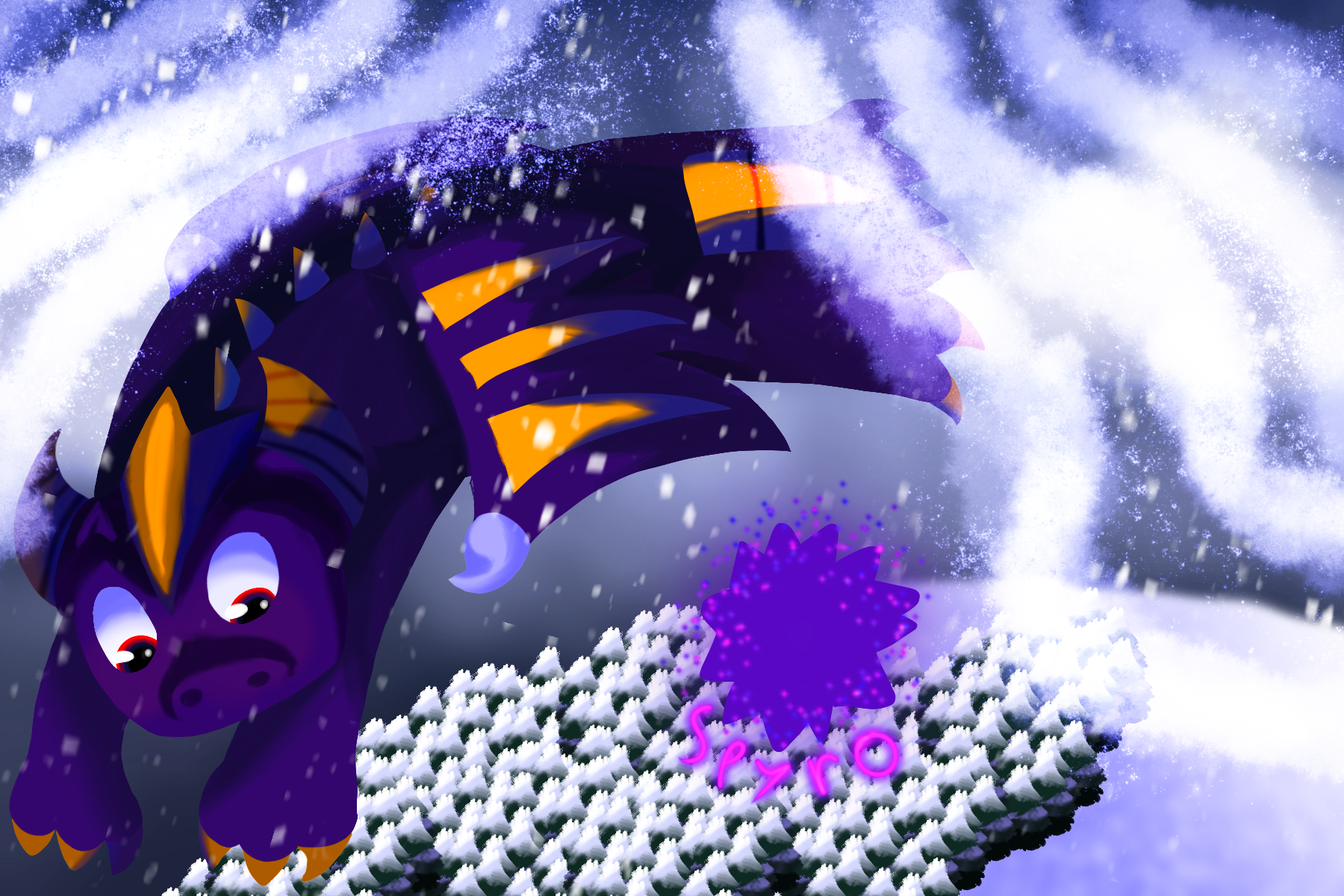 A lineless digital piece of Skylanders Spyro flying over a snow-covered forest at night as snowy winds blows over top him. Below him is a sparkling Magic Element symbol with Spyro written underneath him.