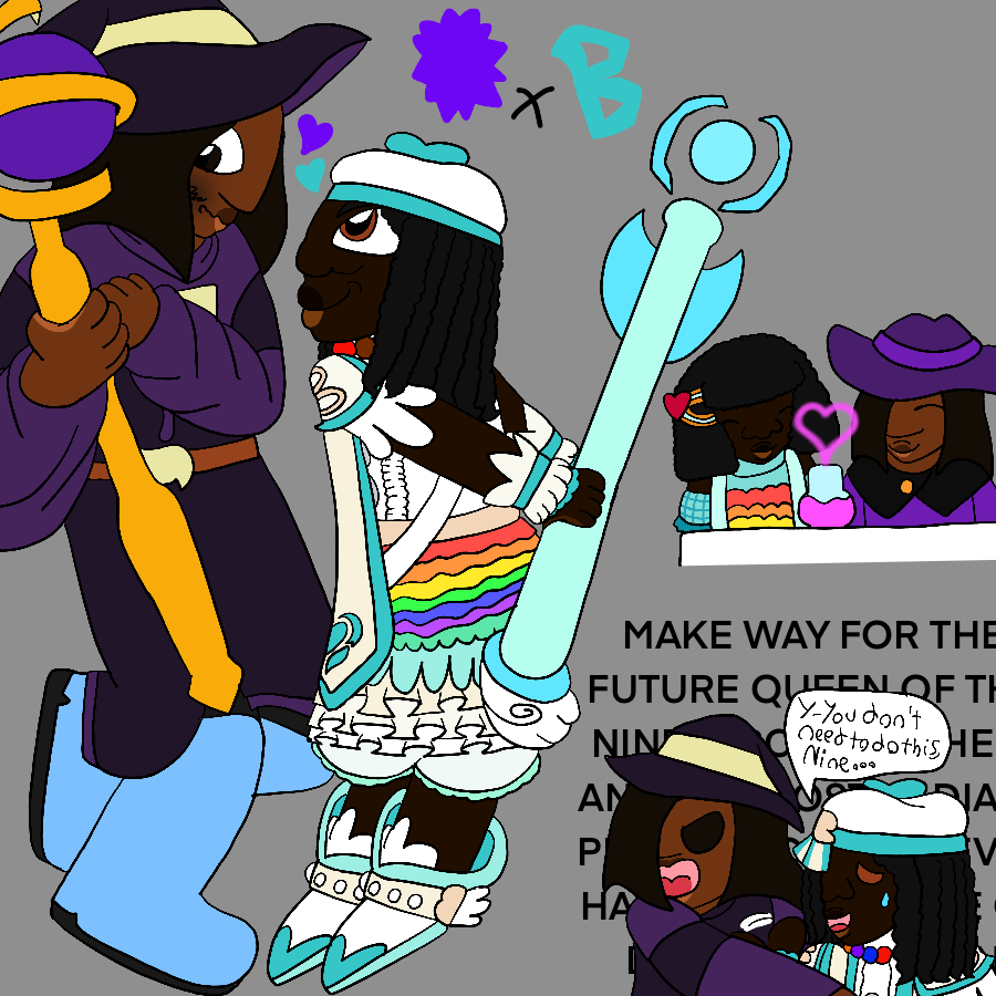 Several drawings of a fan interpretation of Nine, a scrapped portal master from Skylanders Ring of Heroes, and the artist's Ring of Heroes original character, a thin girl with deep brown skin, short black natural hair kept in curly locs, and brown eyes who wears a magical girl-inspired portal master outfit. The first is a full-body of Nine shyly bending down and looking away while the original character smiles and stands on her tiptoes to greet them, with hearts in their theme colors and Magic and Blank Element symbols matched with an x above them. The second is a chibi-style illustration of them in casual wear, smiling at a potion that casts up heart-shaped smoke, and the third is another chibi-style illustration of Nine ranting profusely towards others to make way for the character, while the character sheepishly says you don't need to do this, Nine.