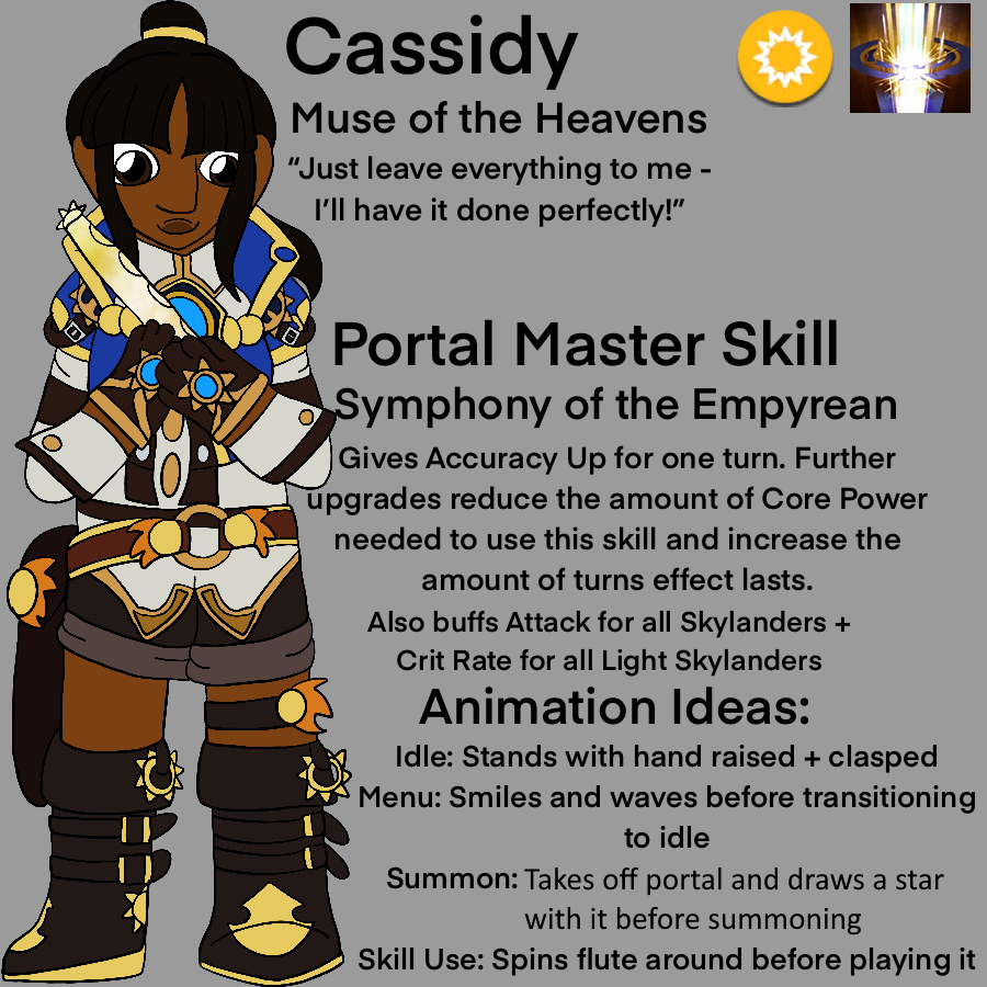 The artist's Skylanders Ring of Heroes original character, a thin girl with brown skin, long dark brown hair kept in a ponytail, and deep brown eyes who wears a blue and white portal master outfit and holds a crystal clarinet, standing. Text beside her reads off her name, character phrase, portal master skill info, and animation ideas. Also beside her is a Light Element symbol and an icon for her portal master skill.