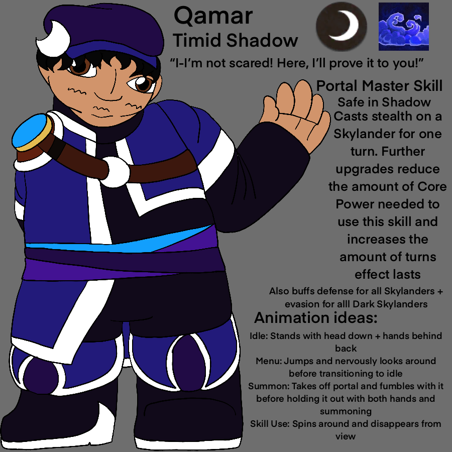 The artist's Skylanders Ring of Heroes original character, a fat boy with lightly tanned skin, short and messy black hair, and brown eyes who wears a moon-themed portal master outfit, standing with a a frown as he shyly waves. Text beside him reads off his name, character phrase, portal master skill info, and animation ideas. Also beside him is a Dark Element symbol and an icon for his portal master skill.