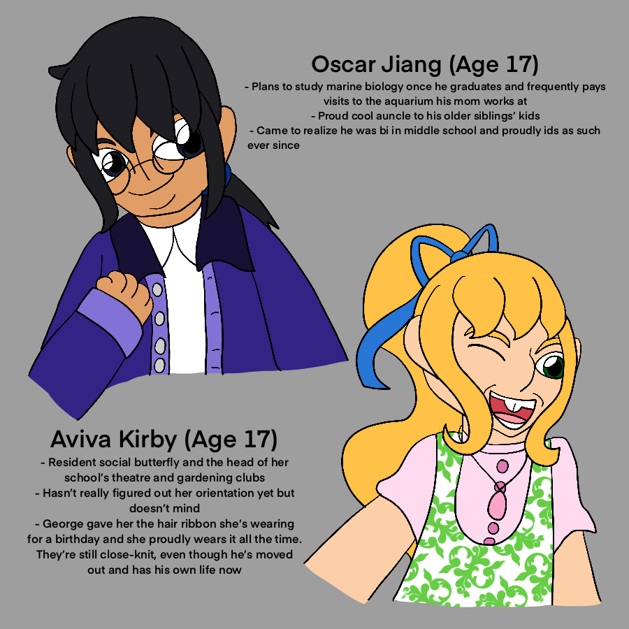 Half-Bodies of Oscar and George's younger sister as teenagers. They're taller with longer hair and older-looking variants on their casual attire, and beside them is text with their names, ages, and some headcanons about their lives as teenagers.