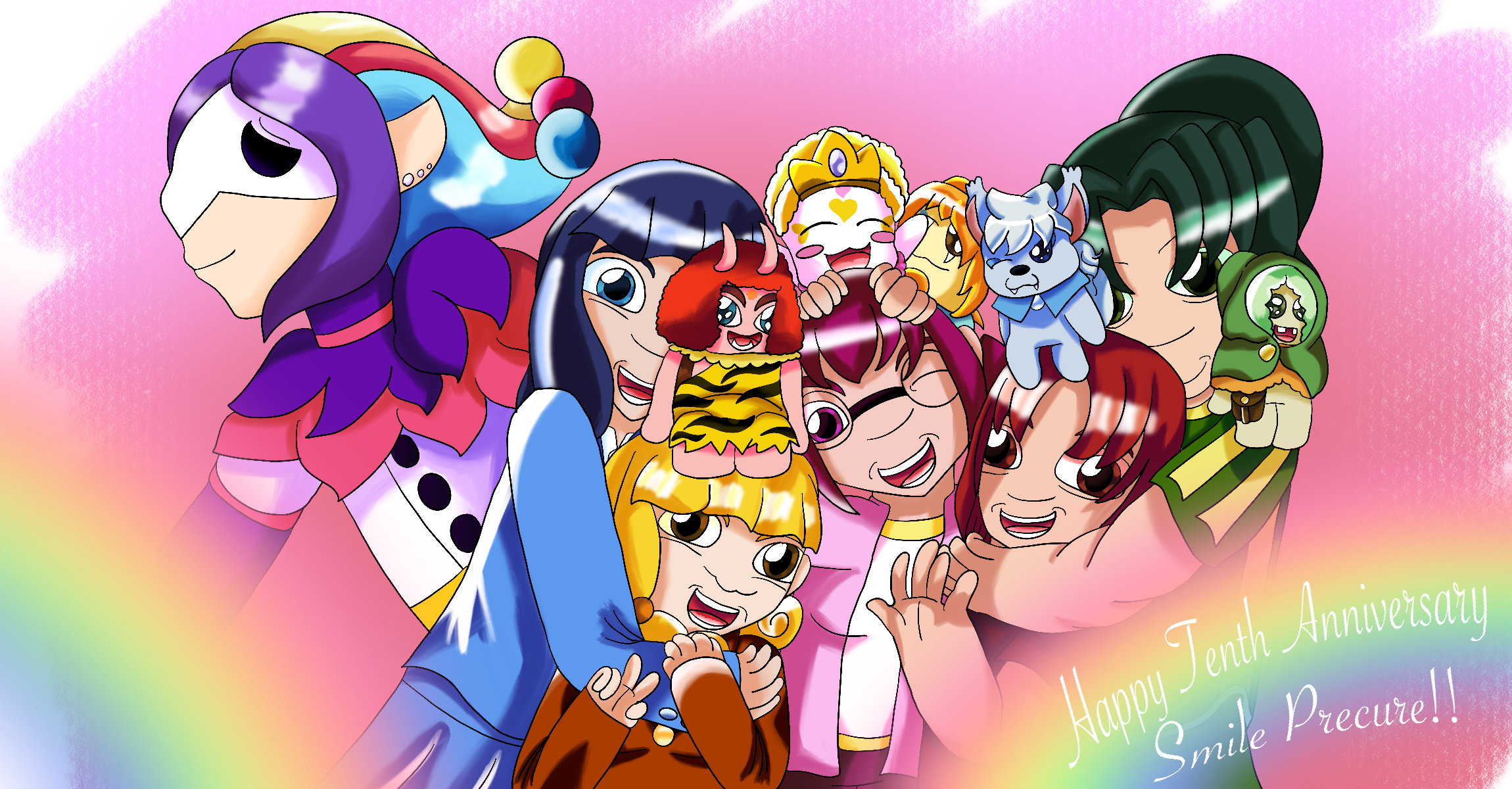 A redraw of Smile Precure's final end card, which shows the Cures and Candy hugging each other. The Cures and Candy are now depicted as adults, and in addition, Pop, Ururun, Onini, Majorin, and Joker join the piece, also shown with older designs. They stand in front of a white background with pink, oil pastel-like scribbles over it, and rainbows arch over the lower corners of the piece, where happy tenth anniversary Smile Precure is written.