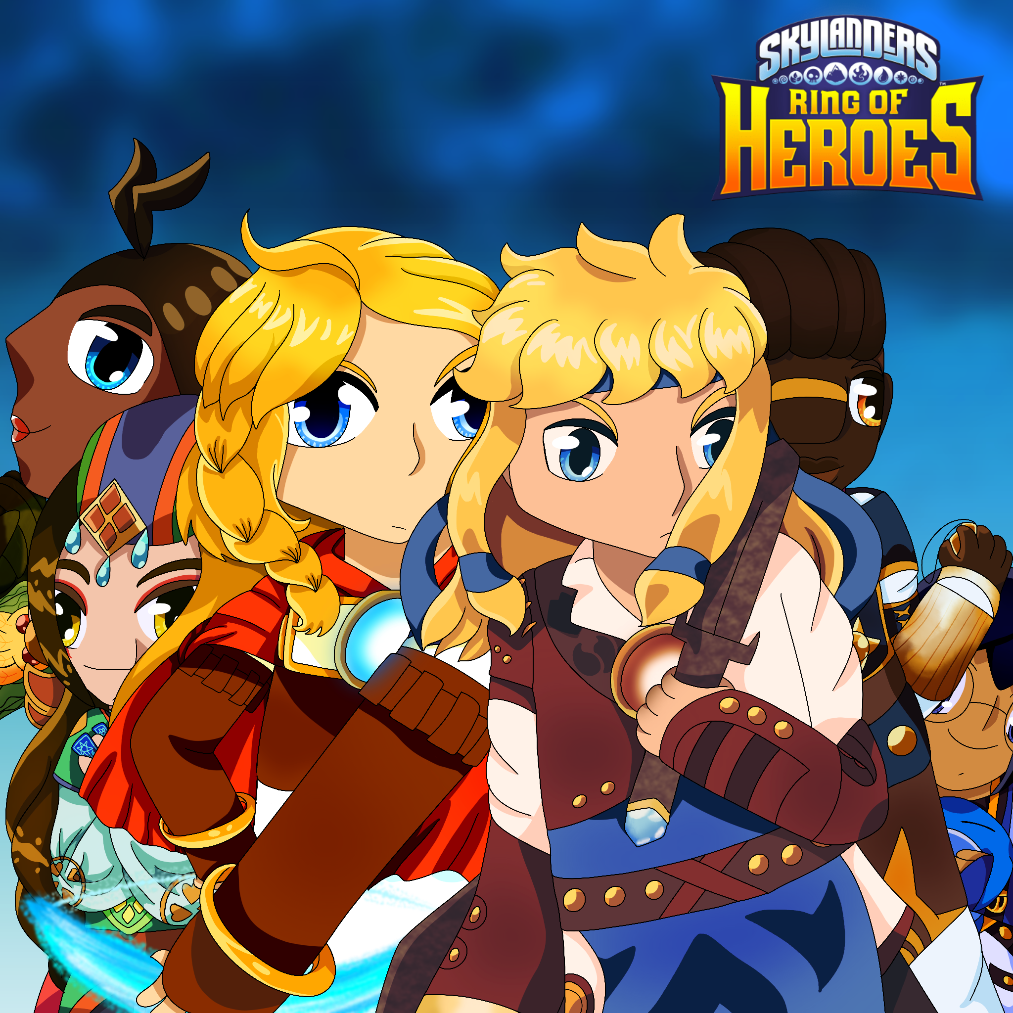 An anime-style drawing of the six portal masters from Skylanders Ring of Heroes posing with their weapons in battle-ready stances, save for Oscar who curiously peeks out from behind Bruno while holding Ms Whale, against a cloudy blue background. The Skylanders Ring of Heroes logo is placed in the upper-right corner.