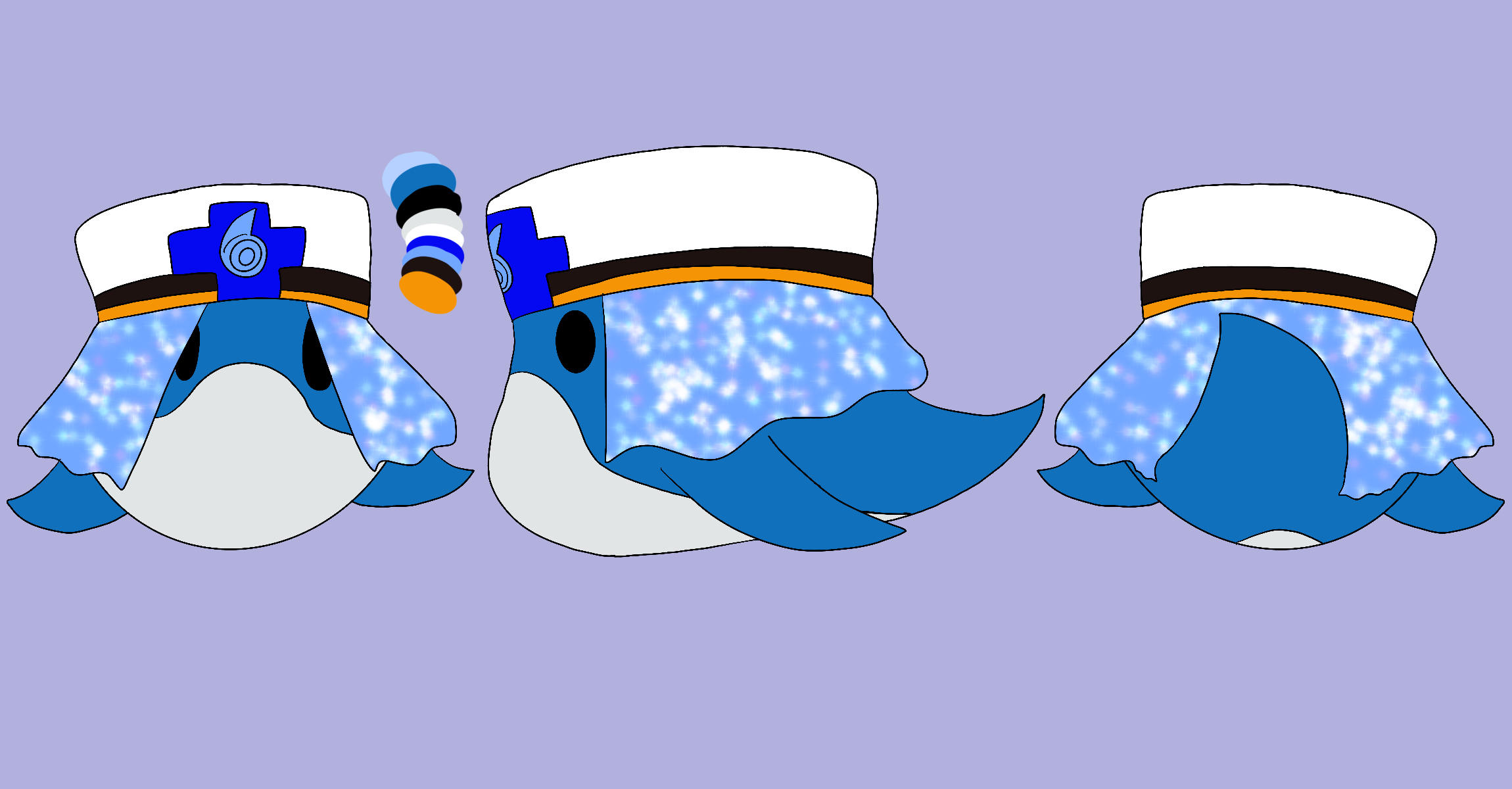 A turnaround of an Awakened Form for Ms Whale from Skylanders Ring of Heroes that is themed around doctors and clerics. It is shown from the front, side, and back, and a color palette is shown next to the front-facing portion.