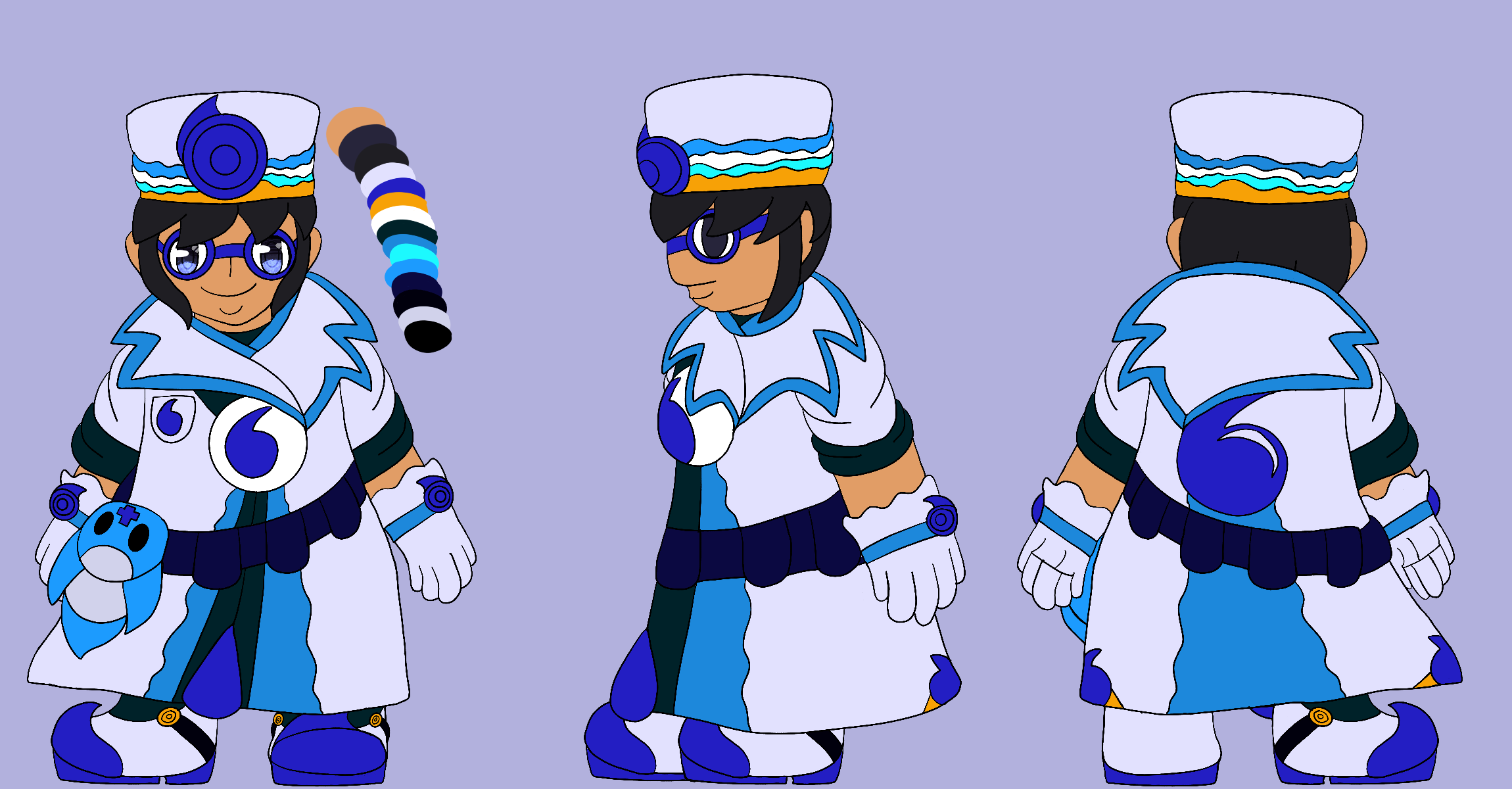 A turnaround of an Awakened Form for Oscar from Skylanders Ring of Heroes that is themed around doctors and clerics. It is shown from the front, side, and back, and a color palette is shown next to the front-facing portion.