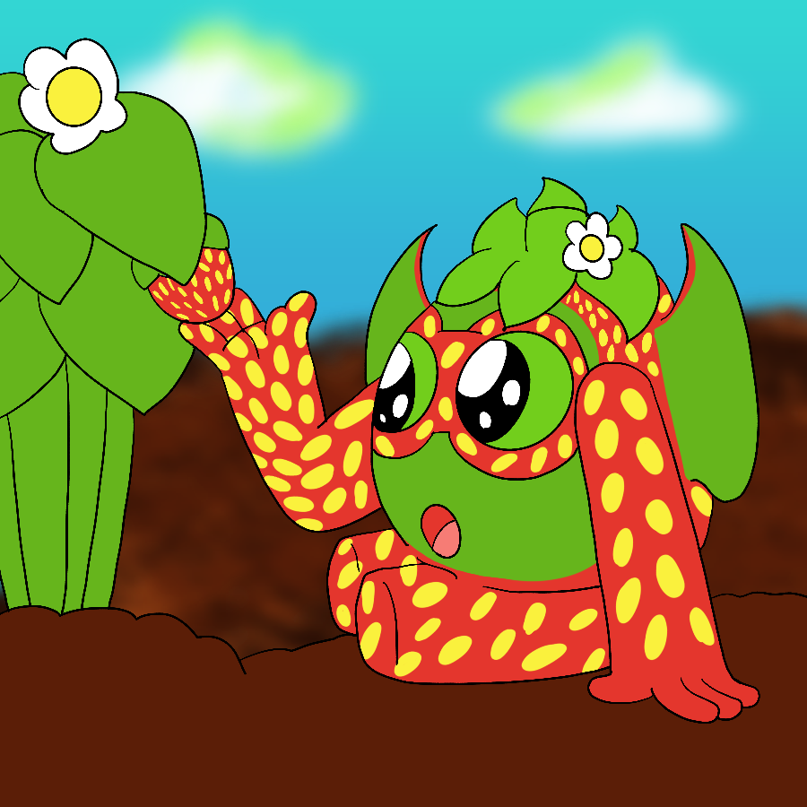 Trigger Happy from Skylanders sitting in a field and admiring a large strawberry on a strawberry plant. His appearance is changed to resemble a Strawberry Neopet from Neopets, with him having red fur with green accents and yellow, strawberry seed-like spots, green eyes, and hair that resembles a strawberry plant's leaves with a strawberry flower growing from it.