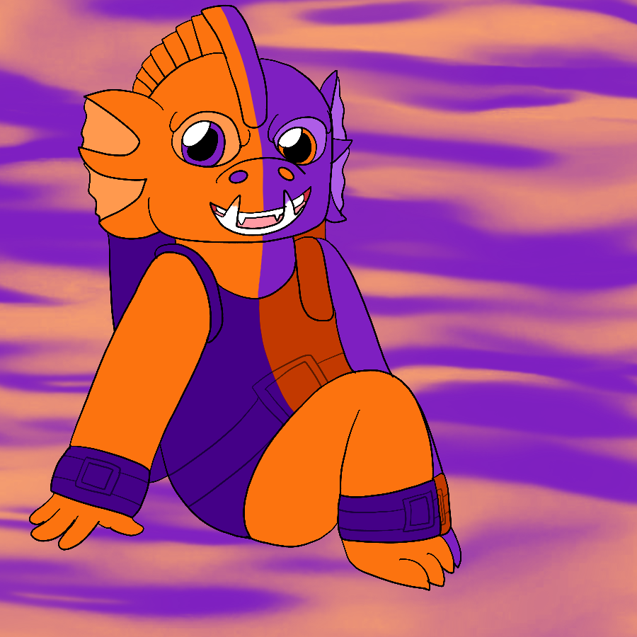 Gill Grunt from Skylanders smiling and sitting against an orange background covered in purple waves. His color scheme is changed to resemble a Split Neopet from Neopets, with his colors being half-orange and half-purple.