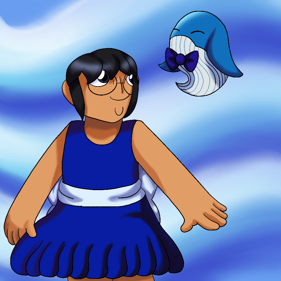 Artwork of Oscar from Skylanders Ring of Heroes wearing a blue dress with a pale blue bow wrapped around it and smiling up at Ms Whale, who proudly wears a bowtie in the same color as Oscar's dress.