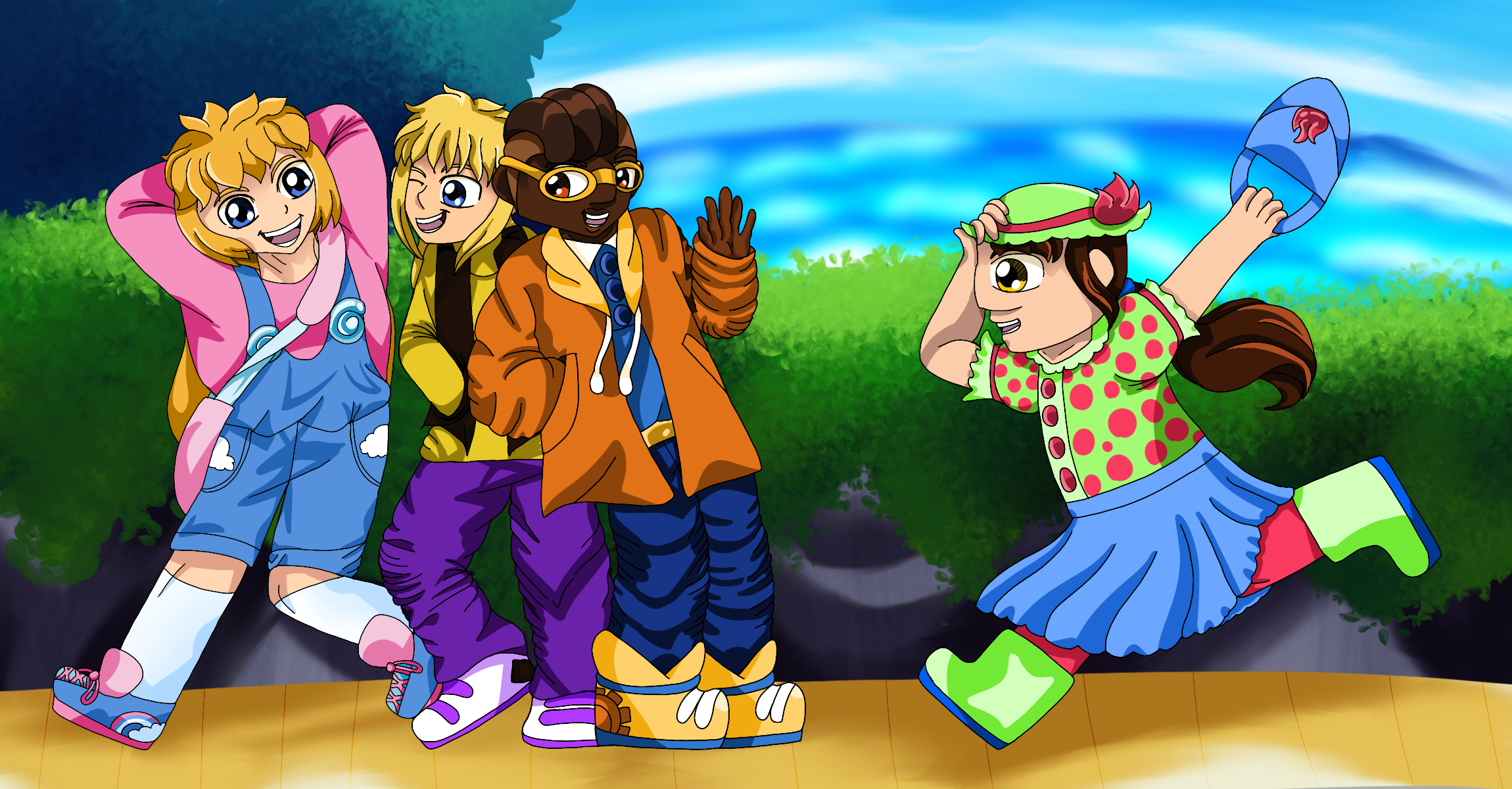 An anime-style picture of Eugenie, George, Bruno, and Ryeo in casual attire, hanging out on a sidewalk. Eugenie, George, and Bruno all smile and stand together while Ryeo clutches her hat and bags as she runs to join them with a smile.