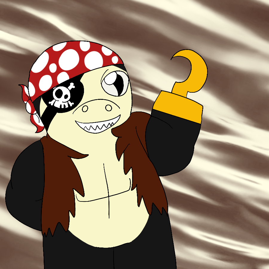 Terrafin from Skylanders dressed in pirate attire consisting of a spotted bandanna atop his head, an eyepatch with a skull and crossbones on it, a torn vest, and a hook hand. he grins and holds up his hook hand against a striped background.