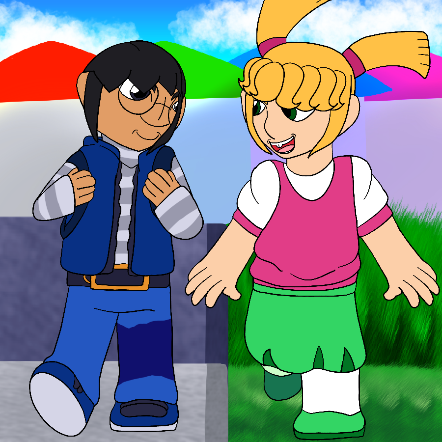 Oscar and George's younger sister from Skylanders Ring of Heroes in casual wear. They smile as they walk together, with Oscar walking down a street and George's sister walking on the grass.