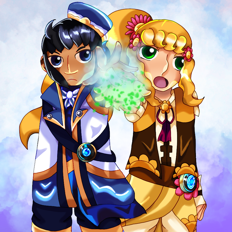 Oscar and George's younger sister from Skylanders Ring of Heroes standing together with serious looks and holding out elementally-charged hands against a blue and purple cloudy background. They are depicted as teenagers wearing portal master outfits styled to their new ages here, and the art is drawn in a similar style to official Skylanders Ring of Heroes art.