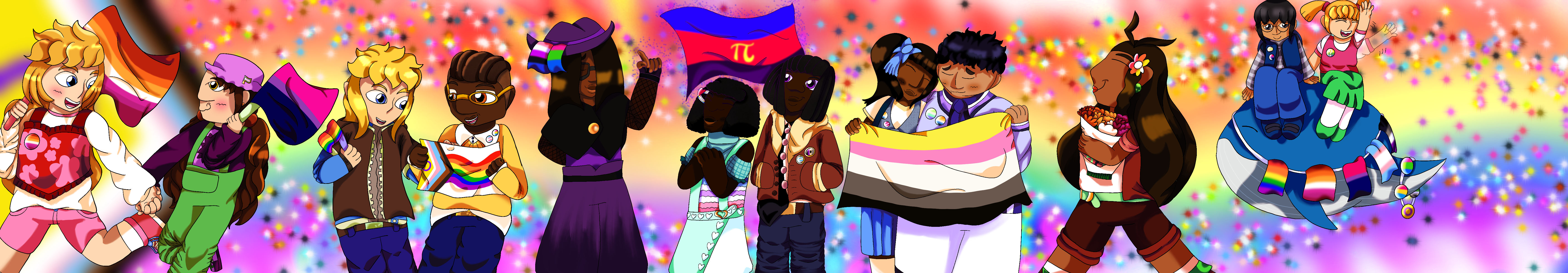 The portal masters from Skylanders Ring of Heroes celebrating Pride alongside Ms Whale and several of the artist's Skylanders Ring of Heroes fan characters. They are shown in casual attire while wearing and/or holding pride flag memorabilia, and they stand in front of a sparkly gradient background based on the progress pride flag.