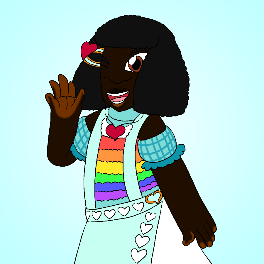 The artist's Skylanders Ring of Heroes original character smiling, winking, and waving against a pale gradient background. The character a thin human with deep brown skin, short black natural hair kept in a bob cut, and brown eyes who wears an outfit consisting of an off-the-shoulder turtleneck top, a overall skirt, a hairclip with a heart on it, and a pendant shaped like a heart with wings.