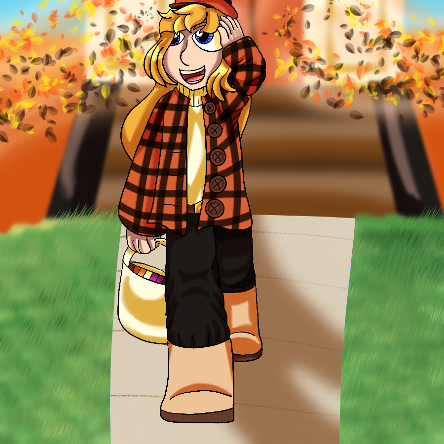 Eugenie from Skylanders Ring of Heroes dressed in an autumn-inspired outfit and carrying a bookbag full of books as she walks away from a distant building. She looks up and grins as autumn leaves fly around her.