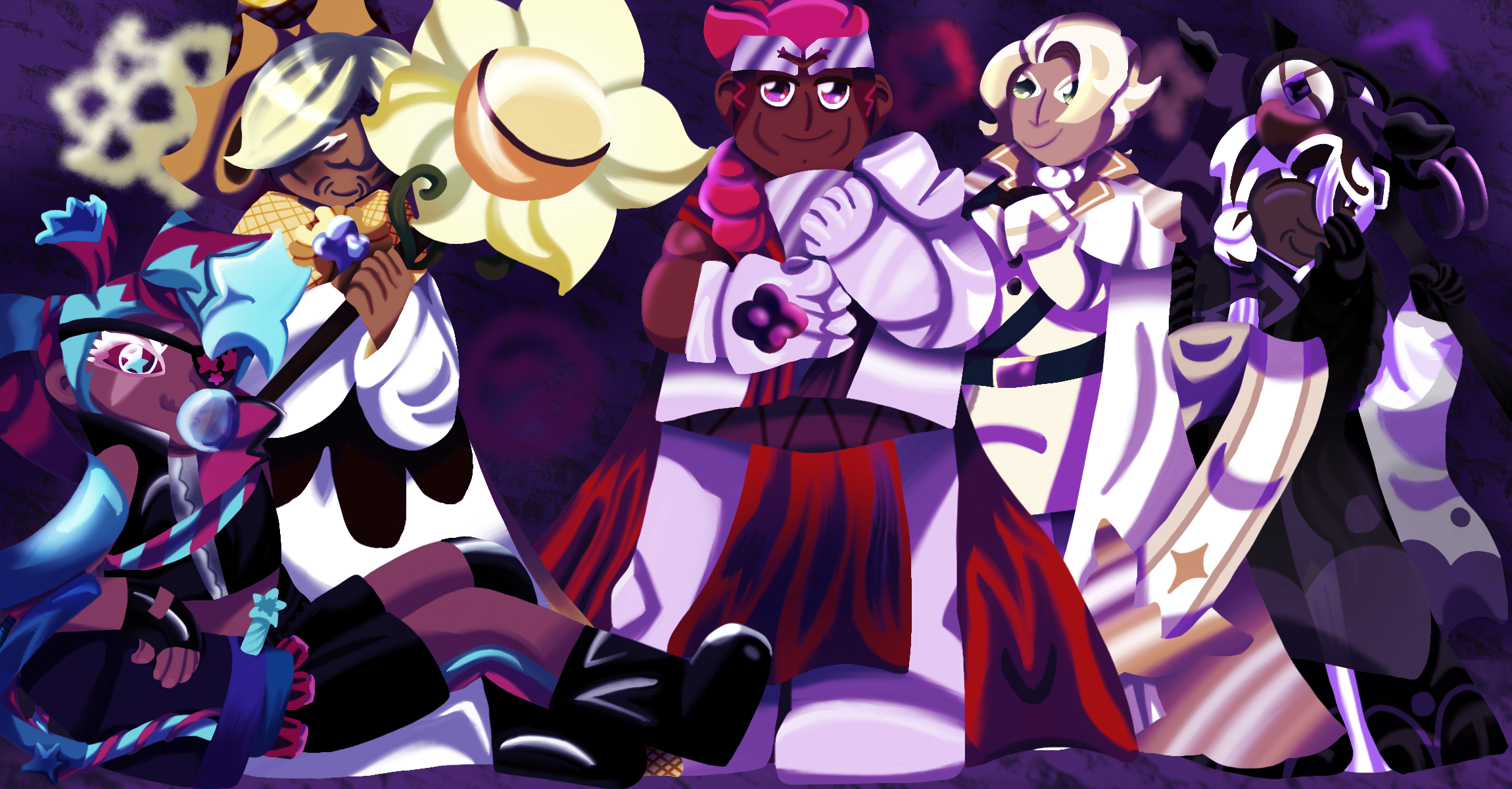 Lineless digital art of the artist's Cookie Run Kingdom team members standing together in a dark, heavily purple-tinted area. From left to right, it shows Twizzly Gummy Cookie glaring and blowing bubblegum while sitting down with her arm over her cannon, Pure Vanilla Cookie smiling and clutching his staff, Wildberry Cookie standing with a quiet expression and holding up his hands, Clotted Cream Cookie standing with a hand raised and a proud expression, and Affogato Cookie smirking as he holds a hand to his face.