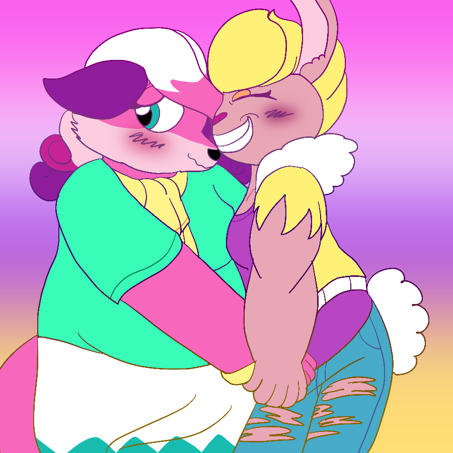 Melody Amaranth from Super Lesbian Animal RPG shyly grinning as she holds hands with ALlison Golette, who grin widely as she leans closer to Melody. Both of them are blushing, and they stand in front of a gradient background.