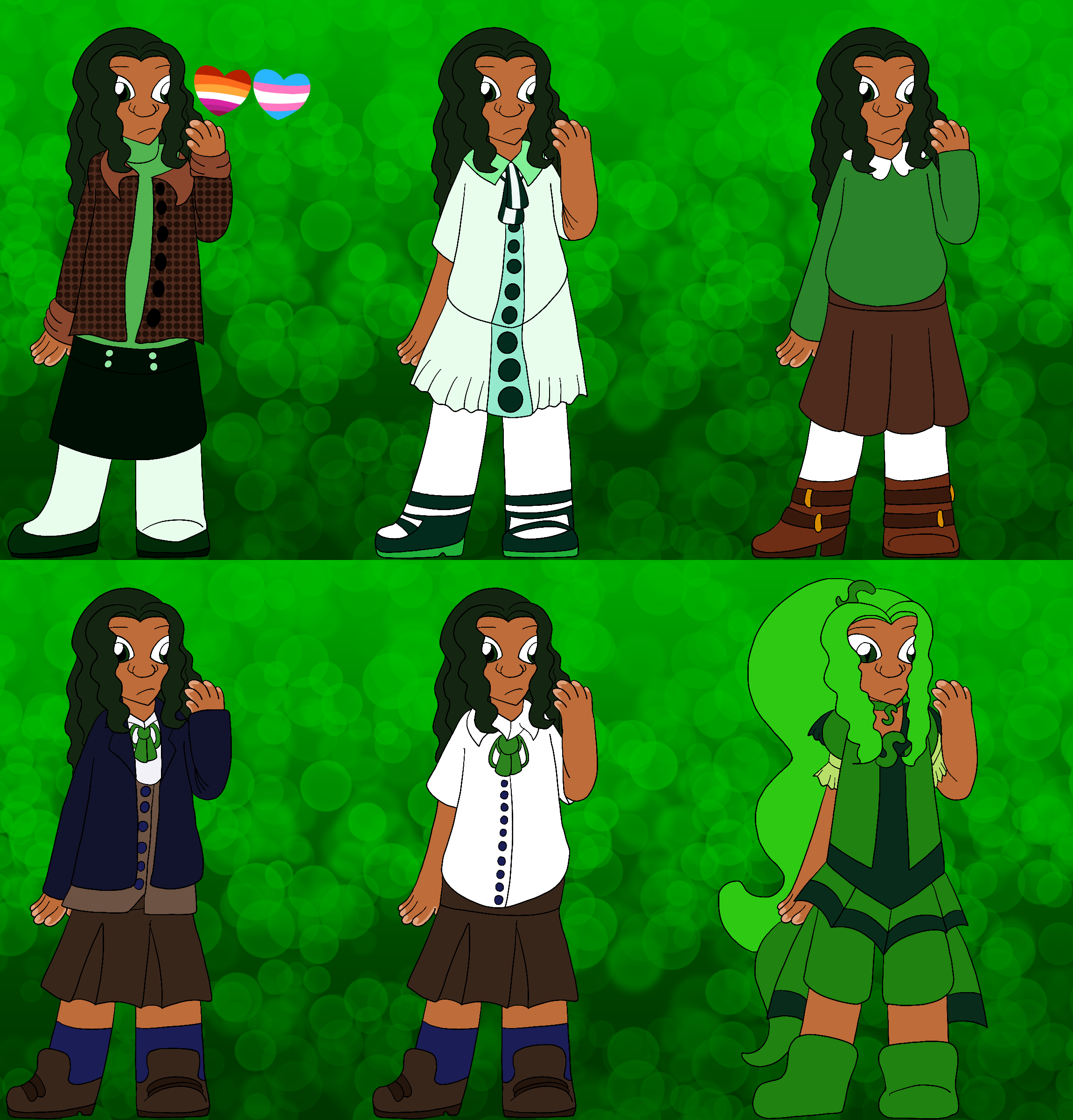 A reference sheet of the artist's fancure, a thin girl with tanned skin, shoulder-length and wavy dark green hair, and green eyes. She has six different outfits, hearts in the colors of the lesbian and transgender pride flag beside her, and stands against a green, bubble-covered gradient background.