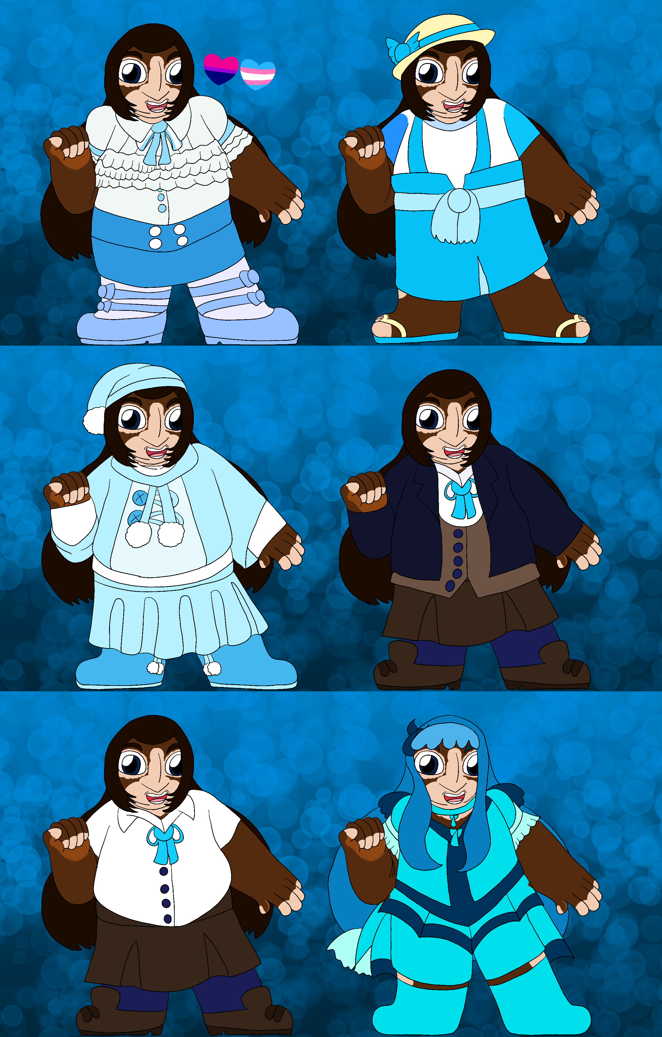 A reference sheet of the artist's fancure, a fat girl with brown skin covered in vitiligo patches, long dark brown hair, and dark blue eyes. She has six different outfits, hearts in the colors of the bisexual and transgender pride flag beside her, and stands against a sky blue, bubble-covered gradient background.